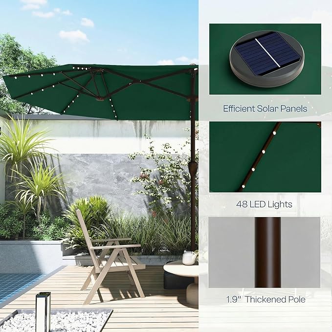 Large Patio Umbrella with Solar Lights and Base, Double-Sided Outdoor Rectangle Umbrella with 48 LED Lights, Market Table Umbrellas with UV Resistant Canopy