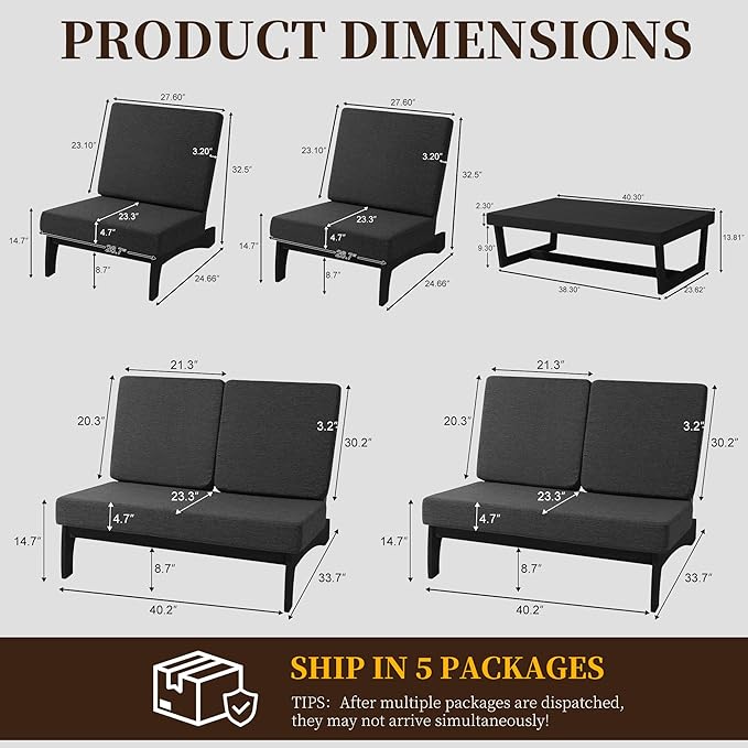 UIXE 5 Pieces All Weather Black Wood Patio Furniture Sets, 2 Patio Loveseat, 2 Patio Bistro Chair, Outdoor Sectional Sofa Furniture Backyard Conversation Set with Coffee Table - Dark Gray