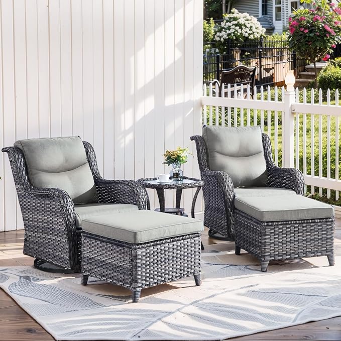 Patio Swivel Chairs with Smile-Shaped Cushions, 3 Piece High Back Patio Swivel Glider Chairs with Side Table 3PCS PE Rattan Luxury Swivel Patio Chair Set | Grey Wicker - Grey Cushions