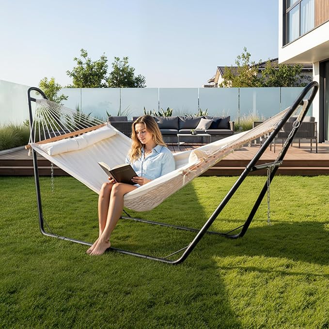 ONCLOUD Hammock with Stand, Double-Barrel Hammock with Hammock Bed, Heavy Duty Adjustable Hammock Set for Outdoors, Patio, Yard, Garden, 550 LBS (Beige)