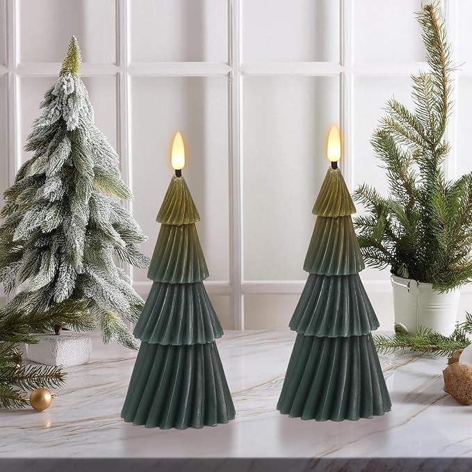 Wondise Christmas Tree Flameless Candles with 6hrs Timer, Real Wax Battery Operated 3D Wick LED Candles Flameless Flickering Candles for Christmas Holiday Decor (2 pcs 3" x 7.1")