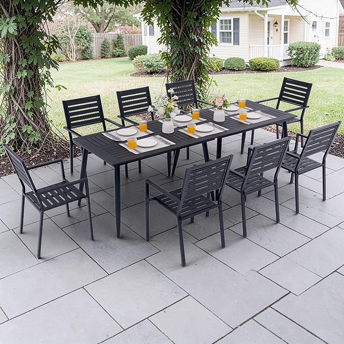 10-Piece Outdoor Dining Set - Two 47.25" HDPE Patio Tables and 8 Stackable Armrest Chairs - All-Weather Rust-Proof Steel Frame for Garden, Deck(Black)