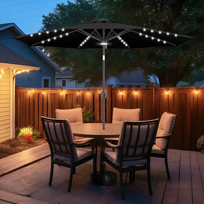 FLAME&SHADE 10 FT Solar Light Patio Umbrella, 40 LED lights outdoor umbrella with Centre Surround Light, Table Market Umbrella for Deck, Pool, Porch, Backyard, Garden, UV Protection, Black