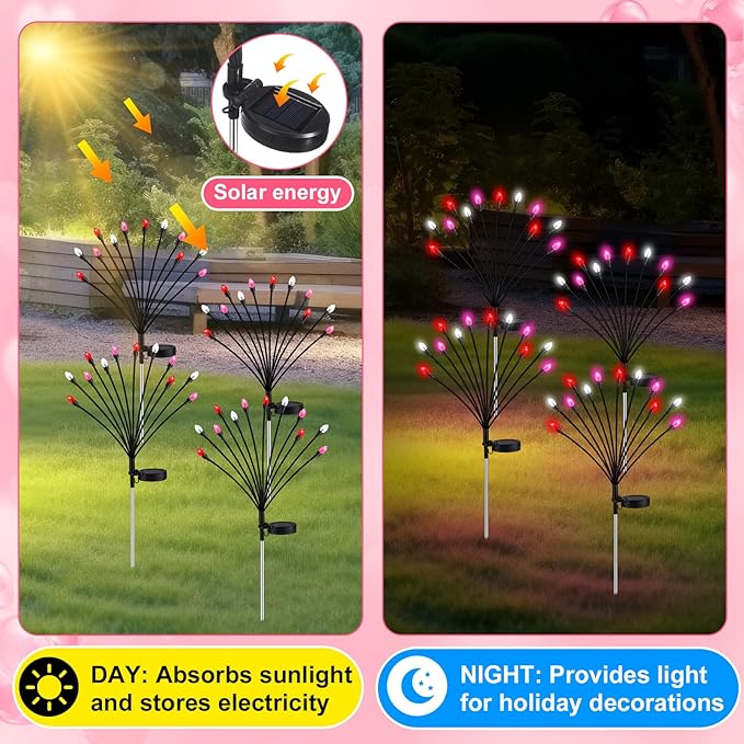 Rossesay 4 Pcs St Patricks Day Outdoor Decorations Solar Lights Waterproof Green 48 LED Swaying Pathway Firefly Stake Lights for Outside Yard Garden Lawn Decorations(Pink White,Pine Cone)