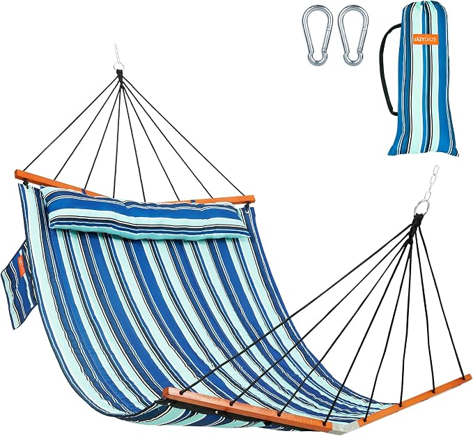 Lazy Daze Hammocks 12FT Quilted Double Hammock with V-Spreader Bar, 2 Person Portable Hammock with Nylon Rope, Side Pocket and Pillow, 450lbs Capacity, Includes Carry Bag for Outside, Blue Stripes
