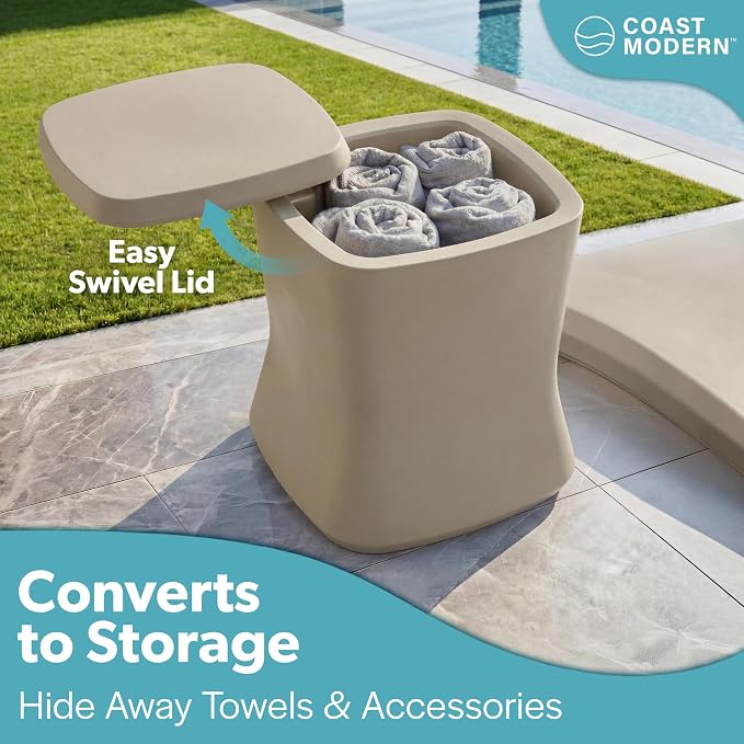 Coast Modern Outdoor Side Table Cooler- 2 in 1 Patio Decor Storage Table & Ice Chest - 25 QT - White, Gray, Sand, Stone Blue, Black