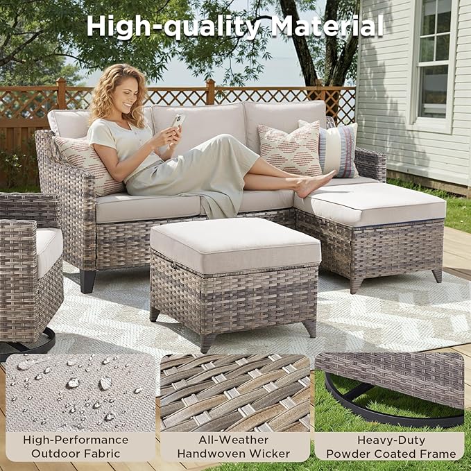 10 Piece Patio Furniture Set-High Back Outdoor Furniture Set Sectional Sofa with Wicker Swivel Patio Chairs,Comfy Cushions Ottomans for Porch Balcony Patio Deck Grey/Beige