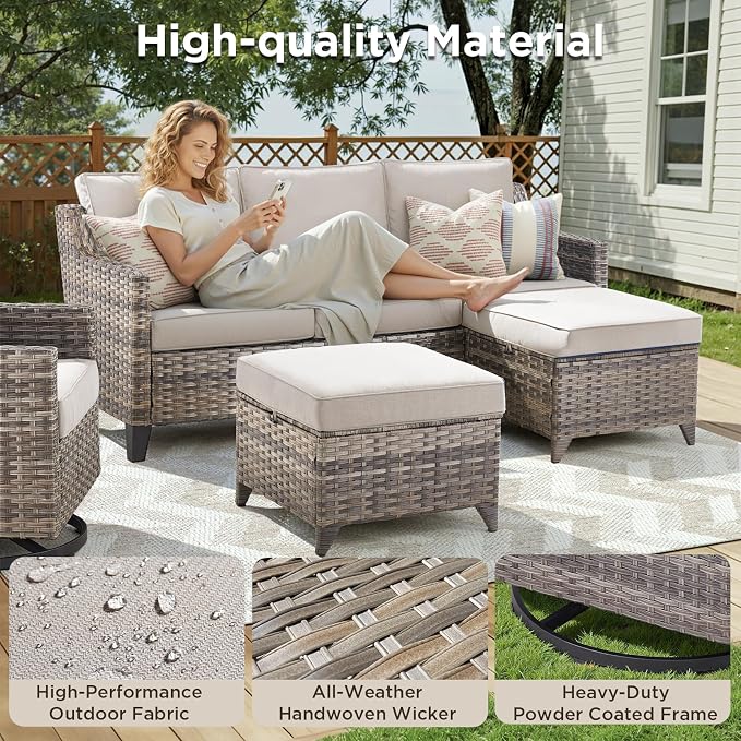 Outdoor Patio Furniture Set-5 Pieces All-Weather Wicker Outdoor Furniture with Swivel Patio Chairs Outdoor Patio Conversation Sets for Garden Porch Deck Grey/Beige