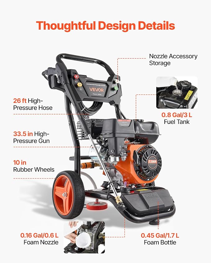 VEVOR Gas Pressure Washer, 3600 PSI 2.6 GPM, Gas Powered Pressure Washer with Copper Pump, Spray Gun and Extension Wand, 5 Quick Connect Nozzles, for Cleaning Cars, Homes, Driveways, Patios