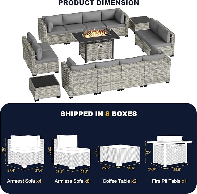 15-Piece Outdoor Patio Furniture Set with 55,000 BTU Fire Pit Table, PE Wicker Rattan Sectional Sofa Conversation Set - All-Weather Garden, Backyard Furniture, Grey