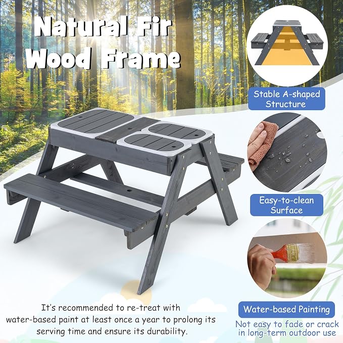 KOTEK Kids Picnic Table, 4 in 1 Sand and Water Table w/Detachable Tabletop, 3 Removable Play Boxes, Foldable & Height Adjustable Umbrella, Wood Sensory Table and Bench for Outdoors, Indoors (Grey)