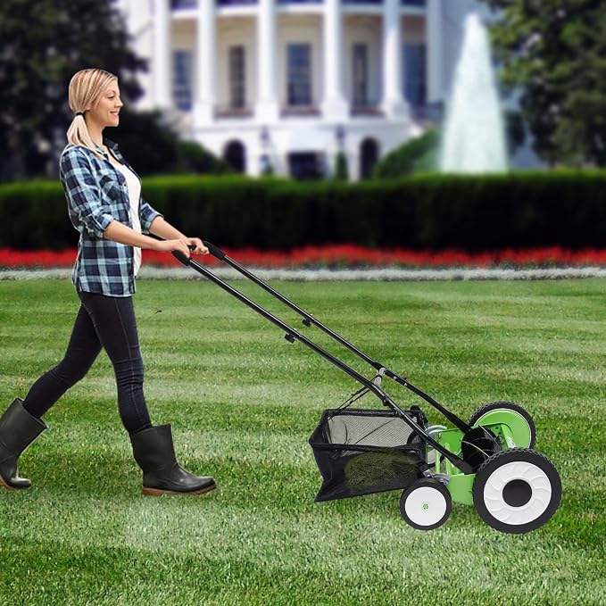16 inch Push Reel Lawn Mower with Grass Catcher Green Black Lawn Sweeper with Collection Box Adjustable Height Manual Push Lawn Mower 5-Blade Lawnmower for Gardens Lawns (16" Green Black)