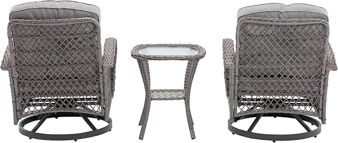 3 Pieces Outdoor Swivel Rocker Patio Chairs, 360 Degree Rocking Patio Conversation Set with Thickened Cushions and Glass Coffee Table for Backyard, Grey