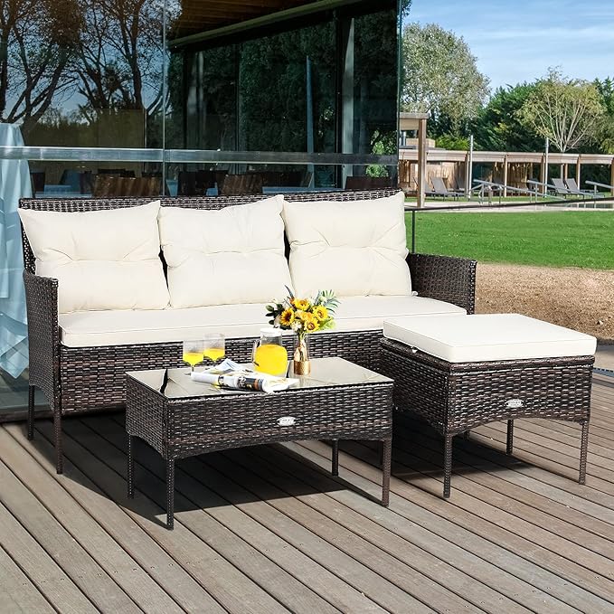 HAPPYGRILL 3PCS Outdoor Rattan Conversation Set Patio Furniture Set with Tempered Glass Coffee Table, 5 Elastic Seat & Back Cushions, Sectional Sofa Set for Poolside Balcony Backyard