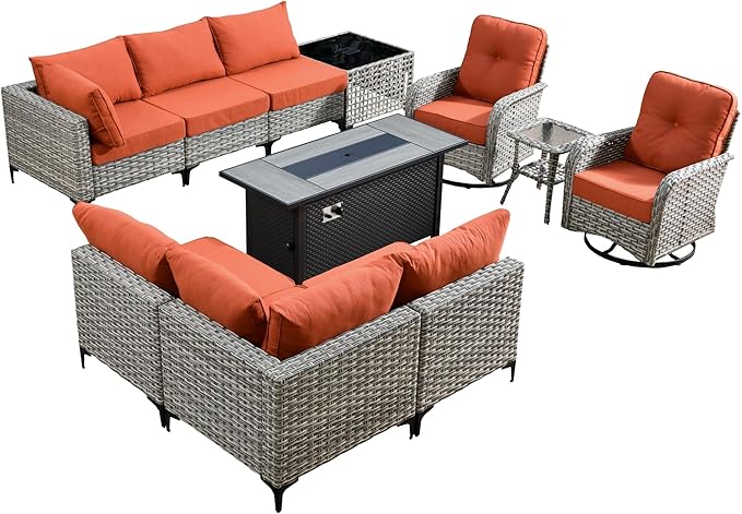 Outdoor Patio Furniture Sets,11 PCS Patio Conversation Set Outside Rattan Sectional Sofa with 54 in Fire Pit Table Wicker Rocking Chair Coffee Table Fit Backyard Porch Garden Poolside Balcony