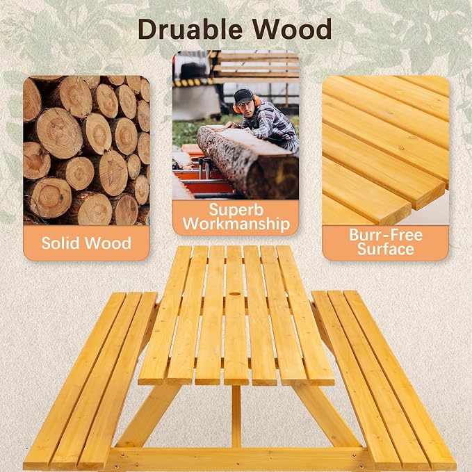 Wood Outdoor Picnic Table,8 Person Rectangular Patio Table Dining Table w/2 Built-in Benches,Umbrella Hole,Outdoor Camping Dining Table with 2 Seats for Garden, Backyard,2220lb Capacity,Natural