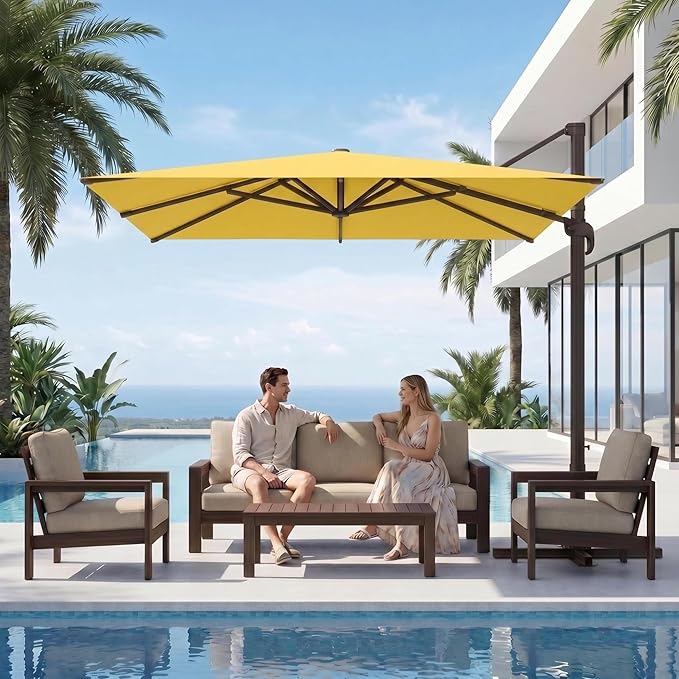 Kingdura 9' X 9' Cantilever Patio Umbrella with Base Included, Large Square Outdoor Offset Umbrella with 360-degree Rotation, 4 Position Tilt, UV Protection for Pool Deck Garden Patio (Yellow)