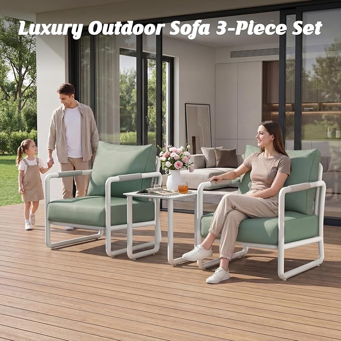 Outdoor Aluminum Patio Furniture Set with with 6.5" Thick Cushions,3-Piece Outdoor Sectional Conversation Set with Coffee Table, All-Weather Patio Set for Backyard & Deck，White