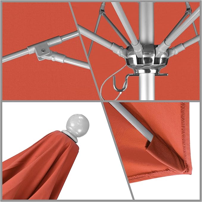 California Umbrella 9' Round Aluminum/Fiberglass Umbrella, Push Open, Silver Pole, Olefin Sunset Fabric