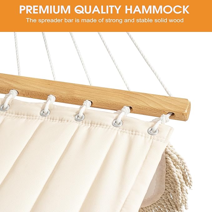 Lazy Daze Hammocks 12 FT Double Quilted Fabric Hammock with Hardwood Spreader Bar, Tassels, Soft Pillow, Chains, 2 Person Hammock for Outside Patio Backyard Poolside, 450 LBS Weight Capacity, Cream