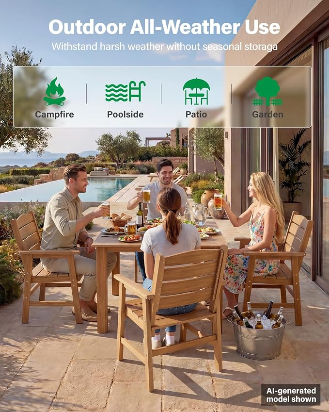 YEFU HIPS Outdoor Table and Chairs : Square Family-Friendly Patio Dining Sets - 5-Piece All-Weather Easy-Clean Outdoor Dining Set - Modern Furniture for Garden Deck Backyard Poolside（Teak）