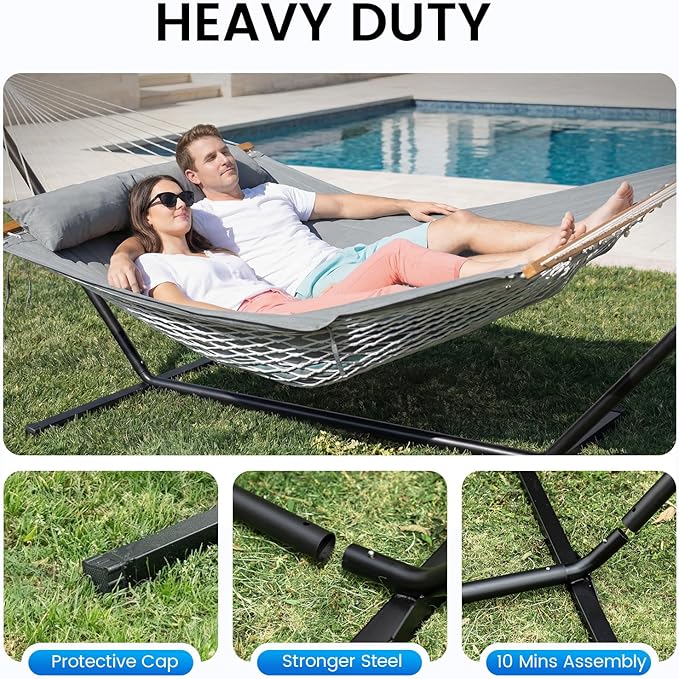 Double Hammock with Stand – Portable Cotton Rope Hammock with Removable Quilted Pad & Pillow, Adjustable Steel Frame for Patio, Backyard, Garden, Park, Camping & Outdoor Relaxation – Gray