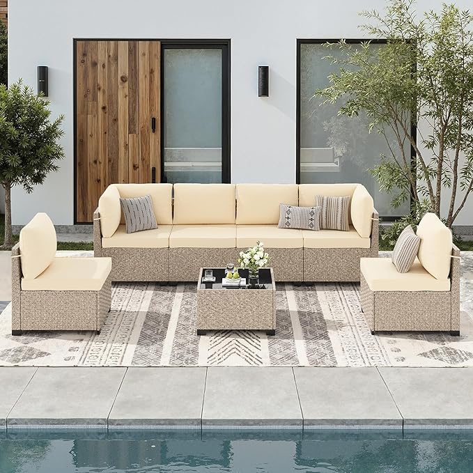 Soohow 7-Piece Patio Furniture Set, Outdoor Sectional All-Weather Wicker Patio Conversation Set for Garden, Porch, Backyard - Beige Cushions