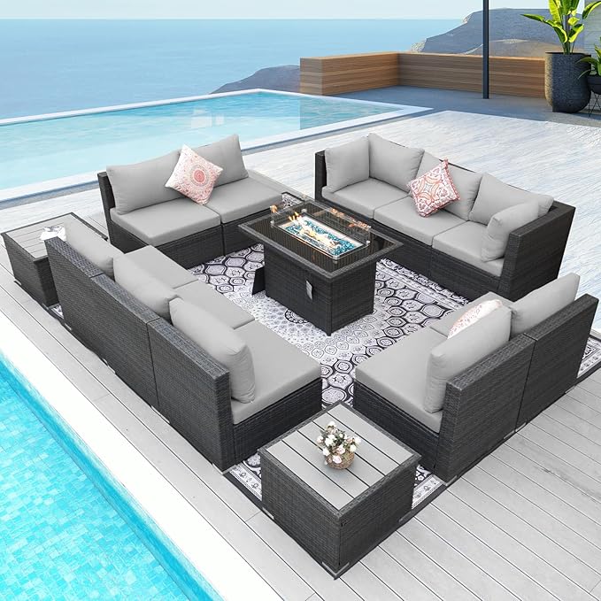 NICESOUL 13 Piece Outdoor Sectional Furniture with Firepit, Contemporary Back Yard Fireplace w/Seating Area, Plus Size 29.3'' High Back Patio Set, All-Weather Wicker Couch for Exterior, Light Gray