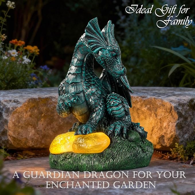 Dragon Statue Outdoor Decor, Porch Dragon Statue with Precious Stone Light - 7.8 inch Lawn Ornaments, Perfect Patio Decor & Yard Decorations Outdoor