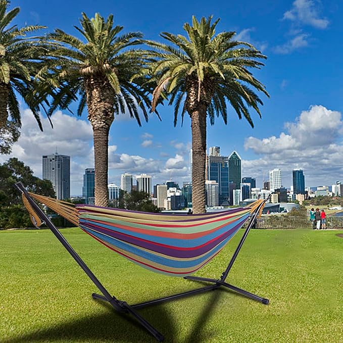 Outdoor Hammock with Stand, Space-Saving Mordern Hammock Swing, 250lbs Weight Capacity, Weatherproof Fabric & Metal, Quick Setup and Takedown, include Storage Bag, Hamaca Con Soporte, Colorful Stripes