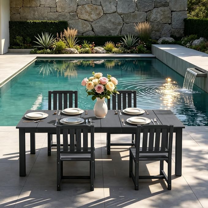 PLUUV 5-Piece Outdoor Dining Set – HDPE Patio Furniture with Aluminum Table, Umbrella Hole, and 4 Armless Chairs, All-Weather Resistant for Garden & Backyard, Grey