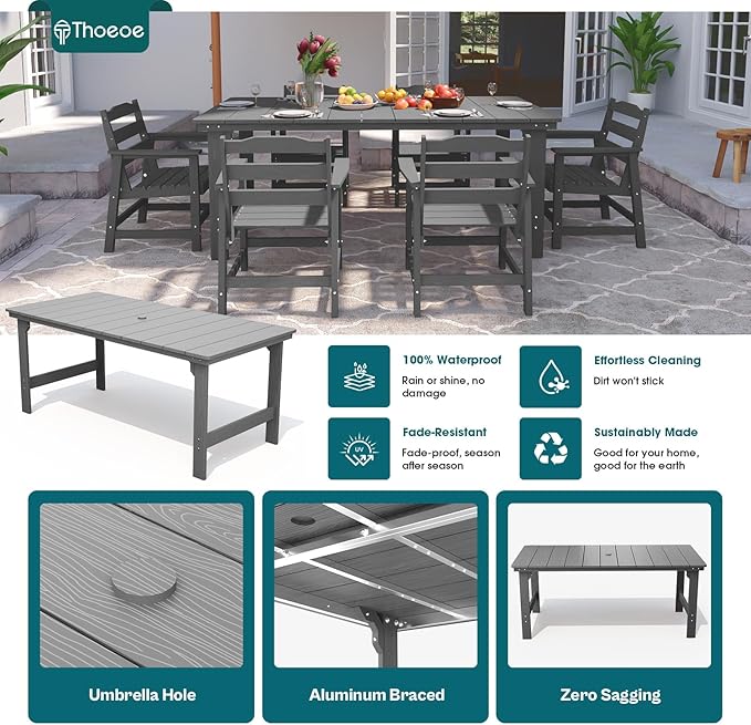 THOEOE 7 Piece Outdoor Dining Set, Patio Dining Table and 6 Chairs, All-Aluminum Frame, All-Weather HDPE Outdoor Furniture with Umbrella Hole for Garden, Lawn, Poolside, Grey