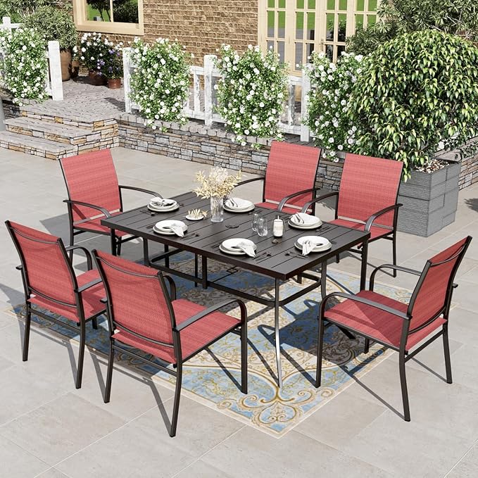 HERA'S HOUSE 7 PCS Patio Dining Set All-Weather Outdoor Furniture, 6 Dining Chairs and Large Metal Table with Double Umbrella Hole for Yard, Garden, Porch, Deck (Red)