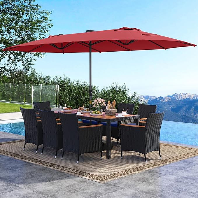 Tangkula 11 Pieces Patio Dining Set with Double-Sided Led Patio Umbrella (Base Included), with 8 Stackable Chairs, Acacia Wood Dining Table and Large Umbrella with Solar Lights (Burgundy + Navy)