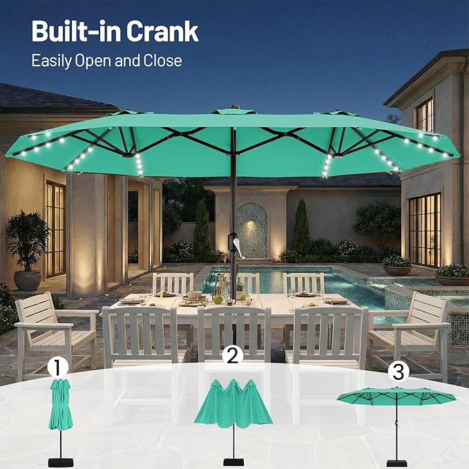 AreShark 13 FT Patio Umbrella with Solar Lights, Double-Sided Outdoor Table Umbrellas with Crank, Large Rectangular Market Umbrella for Porch, Lawn, Pool, Backyard, Cerulean
