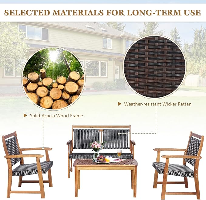 Tangkula 4 Pieces Patio Rattan Conversation Set with Acacia Wood Frame, Patiojoy Outdoor Furniture Set with Chairs & Coffee Table, Sectional Furniture Set for Garden, Backyard, Poolside