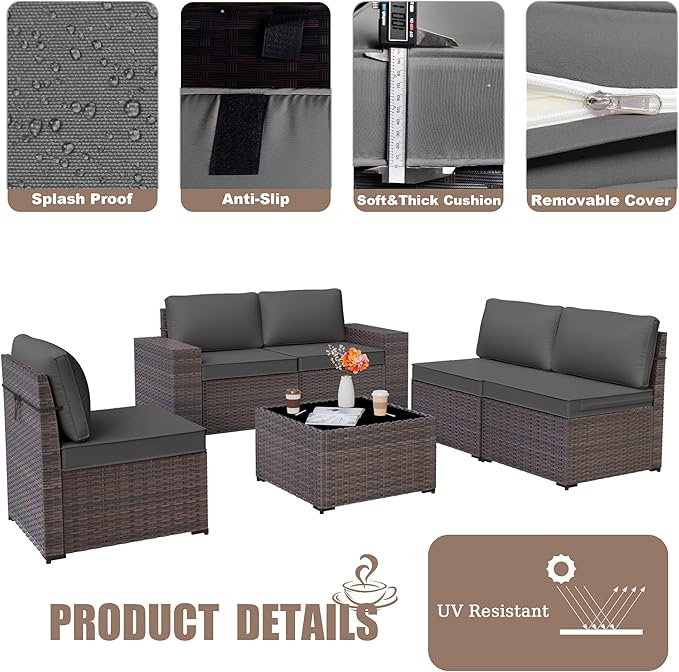 Patio Furniture Set Sofa 6-Pieces Wicker Sectional Sofa Set, Outdoor Furniture Rattan Patio Conversation Set with Thickened Cushion and Glass Coffee Table, Grey