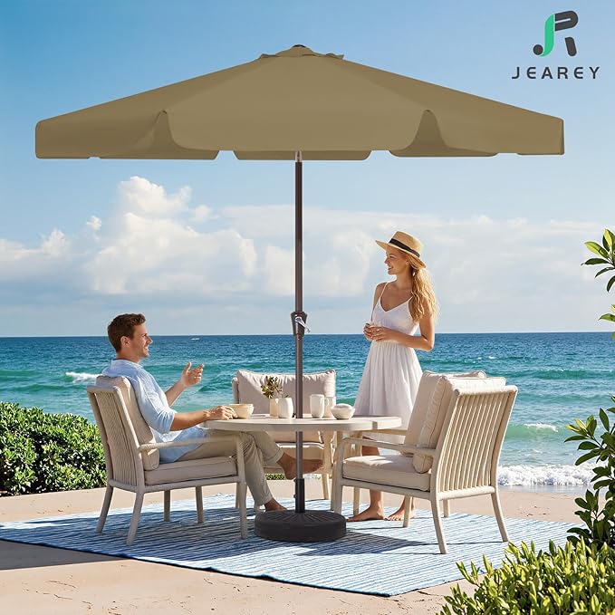 JEAREY 9 FT Patio Umbrella Outdoor, Table Umbrellas Market Umbrella w/Push Button Tilt/Crank, 8 Sturdy Ribs(Tan)