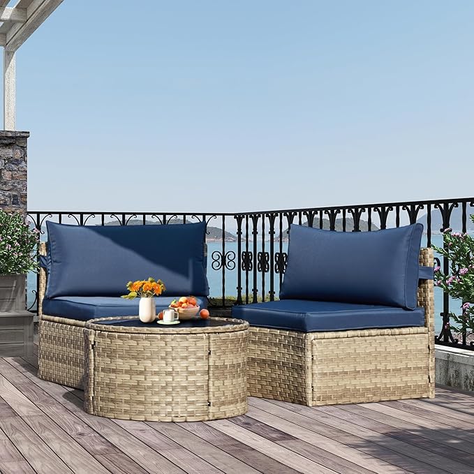 ECOTOUGE Curved Outdoor Sectional Sofa, 3 Piece Half-Moon Rattan Patio Furniture Set, Wicker Conversation Sets with Tempered Glass Round Coffee Table for Pool Backyard Patio Garden(Blue)