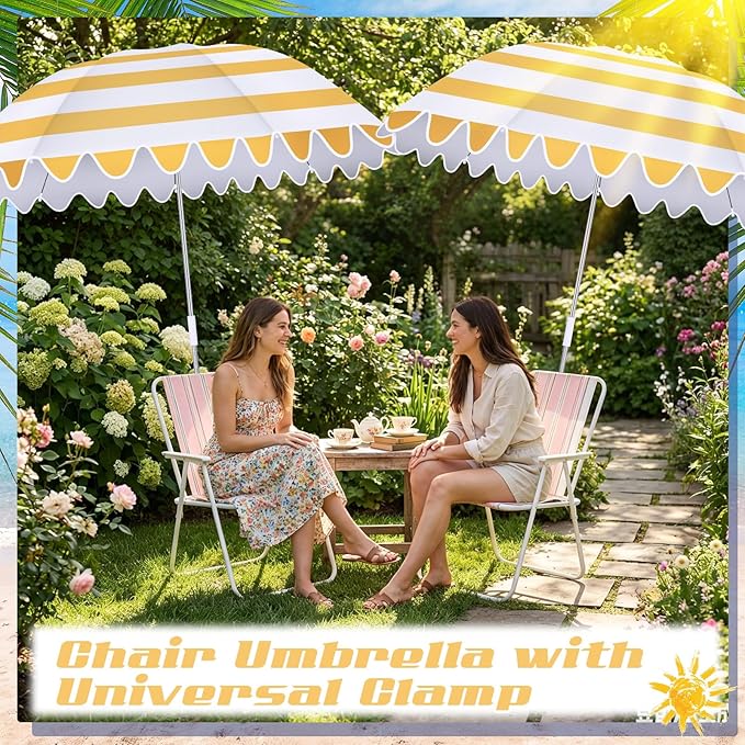 Abbylike 2 Pcs Scalloped Chair Umbrella with Universal Adjustable Clamp 38'' Portable Wheelchair Umbrella UPF 50+ Camping Chair Parasol with Bag for Outdoor Patio Lawn