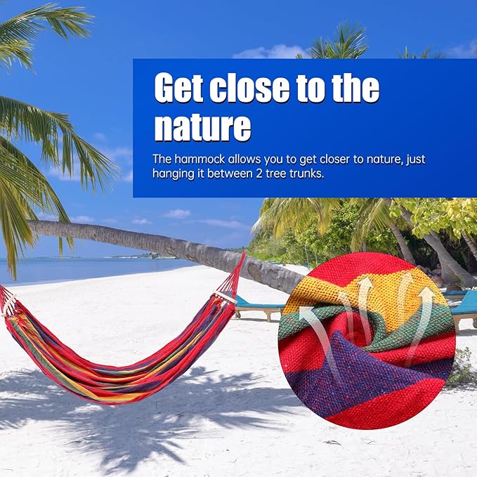 YARNOW Outdoor Camping Hammock Striped Canvas Single-Person Portable Hanging Swing Bed with Curved Rod, Rope Straps and Storage Bag for Travel and Backyard Use