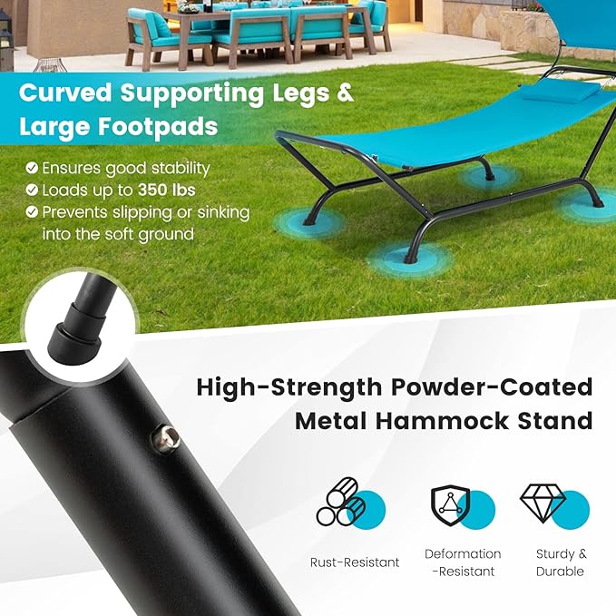 Nightcore Outdoor Canopy Hammock Swing Chair, Cushioned Patio Hanging Chaise Lounge w/Pillow & Storage Bag, Metal Swing Hammock Bed w/Stand for Garden, Lawn, Backyard (Blue)