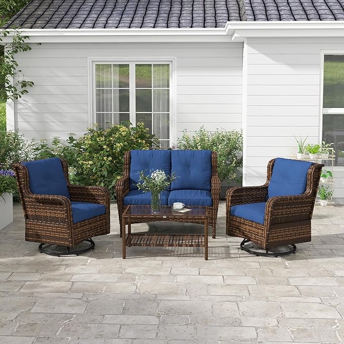 Outsunny 4 Piece PE Rattan Outdoor Patio Furniture Set, Wicker Conversation Set with 2 Swivel Glider Chairs, 2-Tier Glass Table and Loveseat for Garden, Patio, Poolside, Blue