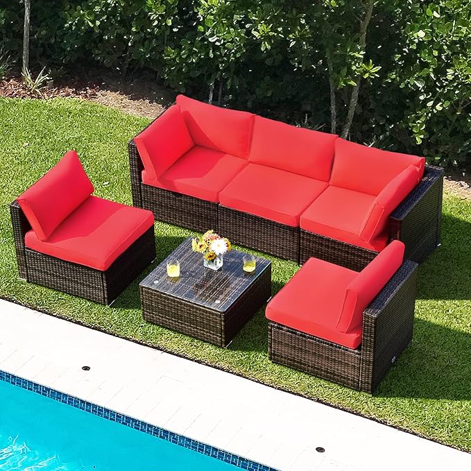 COSTWAY 6-Piece Outdoor Patio Furniture Set, Rattan Sectional Sofa Set with Tempered Glass Coffee Table and Cushions for Garden, Deck, Backyard (Red)