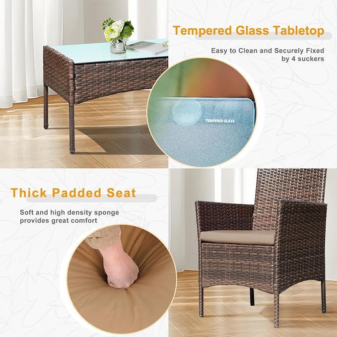 PROHIKER 4 Piece Outdoor Wicker Patio Conversation Furniture Set, Rattan Chair Wicker Sofa Garden Conversation Sets with Cushion and Glass Table for Yard Pool or Backyard, Brown/Khaki