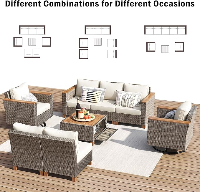 Outdoor Patio Sectional Furniture Set, 8-Piece Wicker Rattan Sofa Set with Thick Cushion, Patio Swivel Rocking Chairs Set of 2 with Acacia Storage Table, Conversation Set for Backyard (Beige+Brown/36)