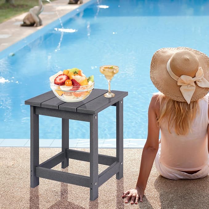 LZRS Patio End Table, Heavy Duty HDPE Outdoor Coffee Table with Wood Texture, Weatherproof Composite Table for Adirondack Chairs, Deck, Pool, Indoor/Outdoor, No Peeling or Cracking(Grey)