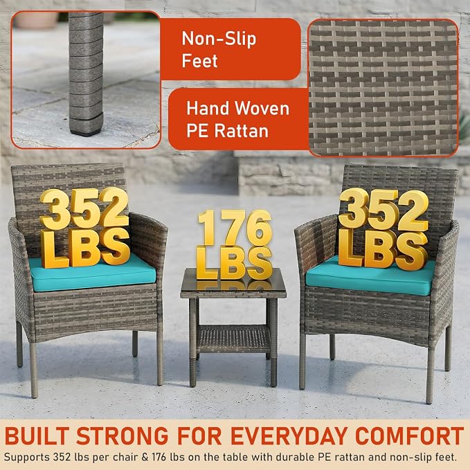 3 Pieces Patio Furniture Outdoor Bistro Set Outdoor&Indoor Conversation Set Coffee Table Chairs Set for 2 with Water-Resistant Cushions for Lawn Yard Garden Porch Balcony and Pool,Grey and Blue