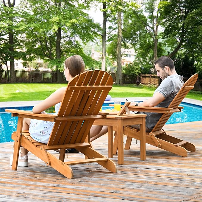 Tangkula 3 Pieces Adirondack Chair Set, Outdoor Wood Furniture Set with 2 Folding Lounge Chairs & Side Table, Widened Armrest, Slatted Design, All Weather Conversation Set for Garden Patio Backyard
