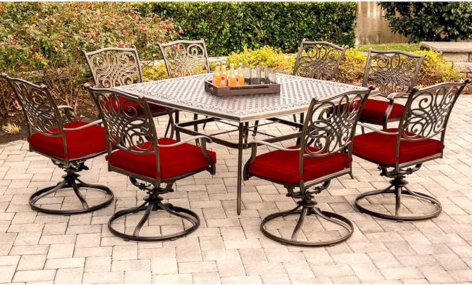 Hanover Traditions 9-Piece Patio Dining Set, Rust-Free Aluminum Outdoor Dining Set with Autumn Berry Cushions, 8 Swivel Rockers and Aluminum Square Dining Table, All-Weather Outdoor Dining Set for 8